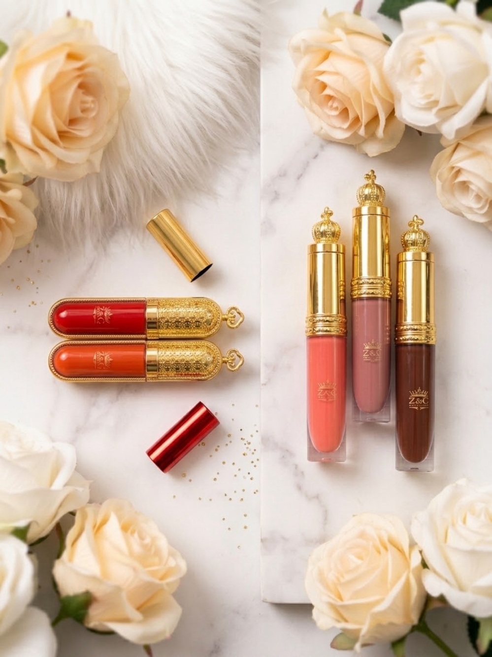 Luxury Gold-Capped Liquid Lipstick Trio — Coral, Nude & Chocolate